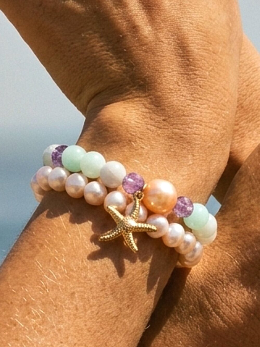Pearl Bracelet Set w/Starfish Charm, Dainty Gemstone Stretch Bracelet, Luxe Gift